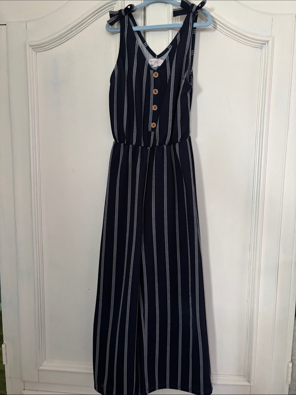 Kensie Girl Navy and White Striped V-Neck Button Front Sweater Top